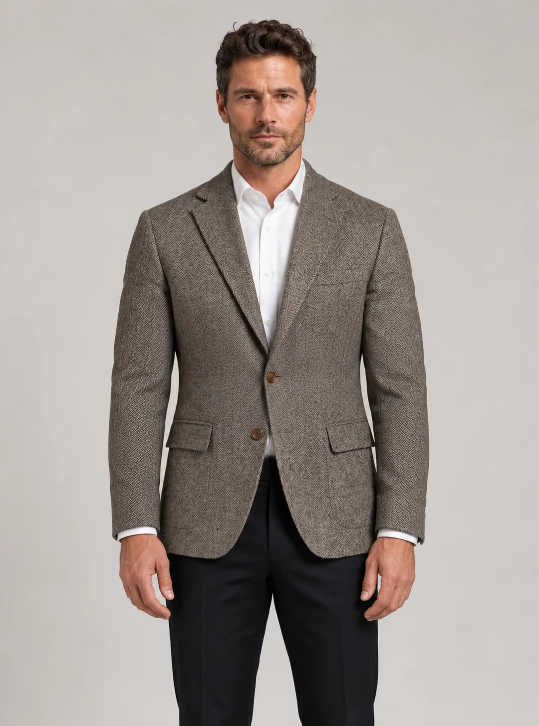 Men's Brown Herringbone Blazer – Wool Blend Tweed Jacket