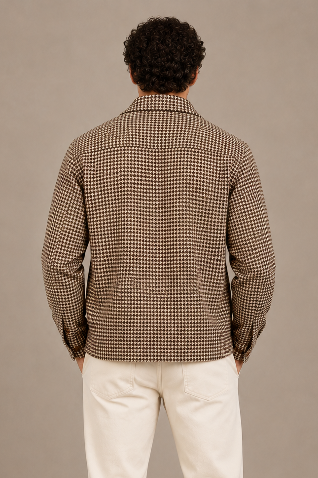 Men's Houndstooth Shirt Jacket – Button-Up Check Overshirt in Black