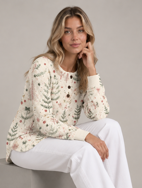 Women's Christmas Tree Sweater – Ribbed Knit Button-Neck Jumper – Covert Club product image 2