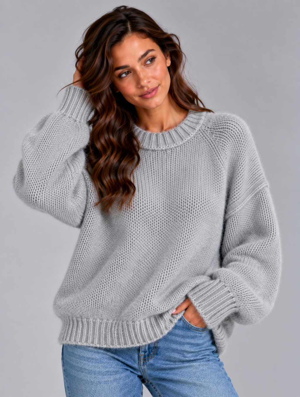Women's Fluffy Crew Neck Jumper – Soft Textured Knit