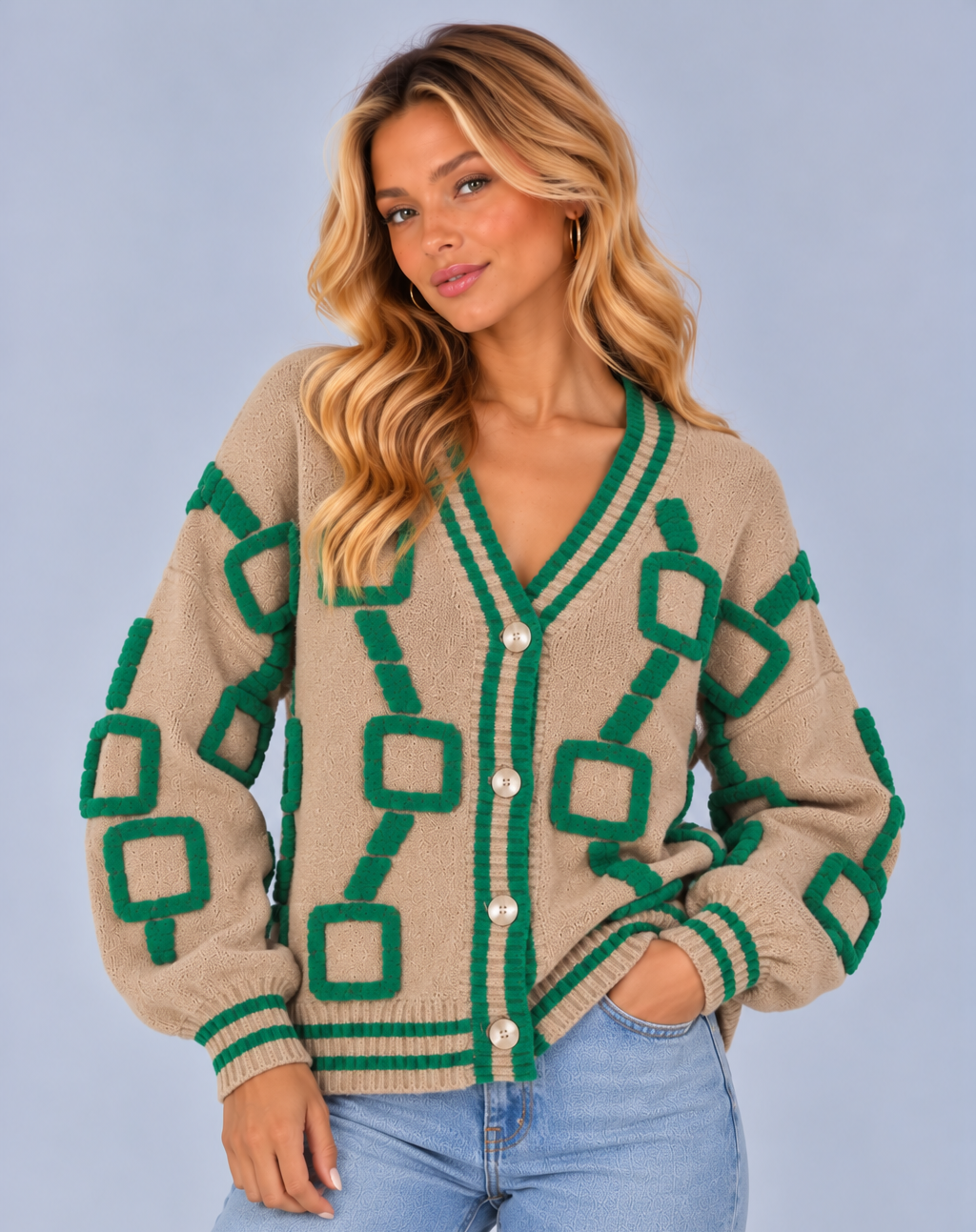 Women's Geometric Knit Cardigan – V Neck Button Front