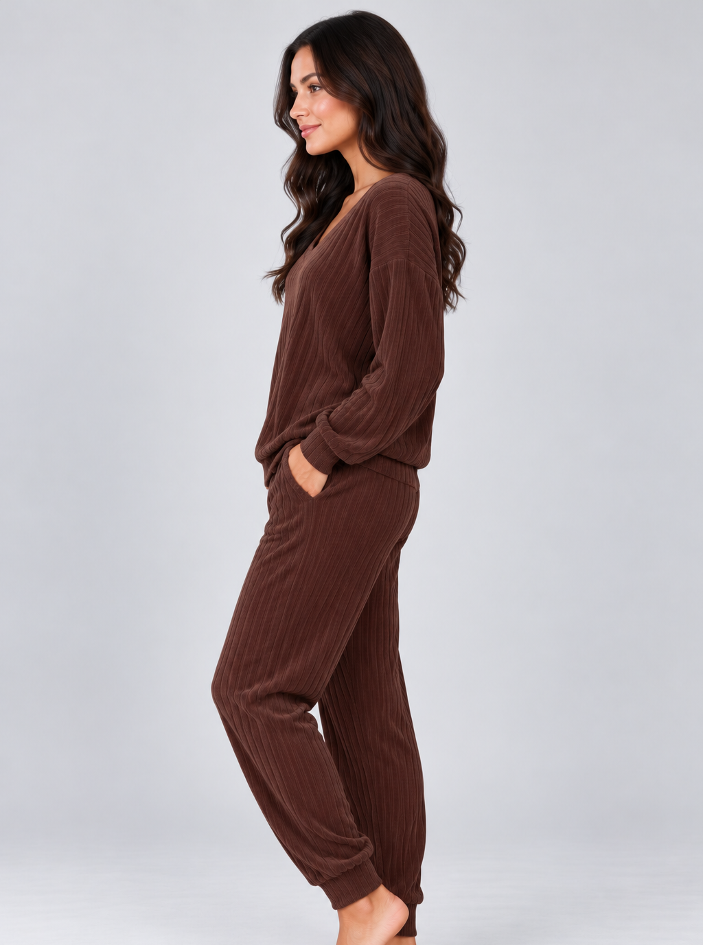 Women's Knitted Lounge Co Ord – V Neck Top and Trousers
