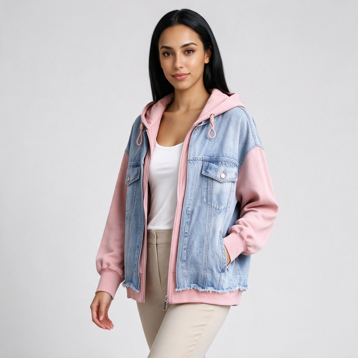 Women's Hooded Denim Jacket – Oversized Zip Up