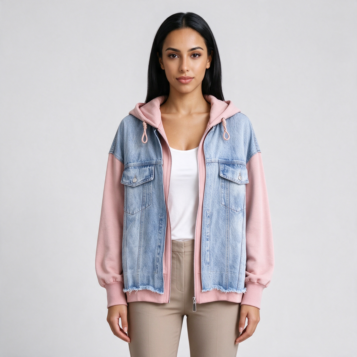 Women's Hooded Denim Jacket – Oversized Zip Up