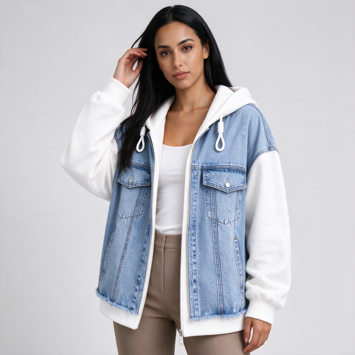 Women's Hooded Denim Jacket – Oversized Zip Up