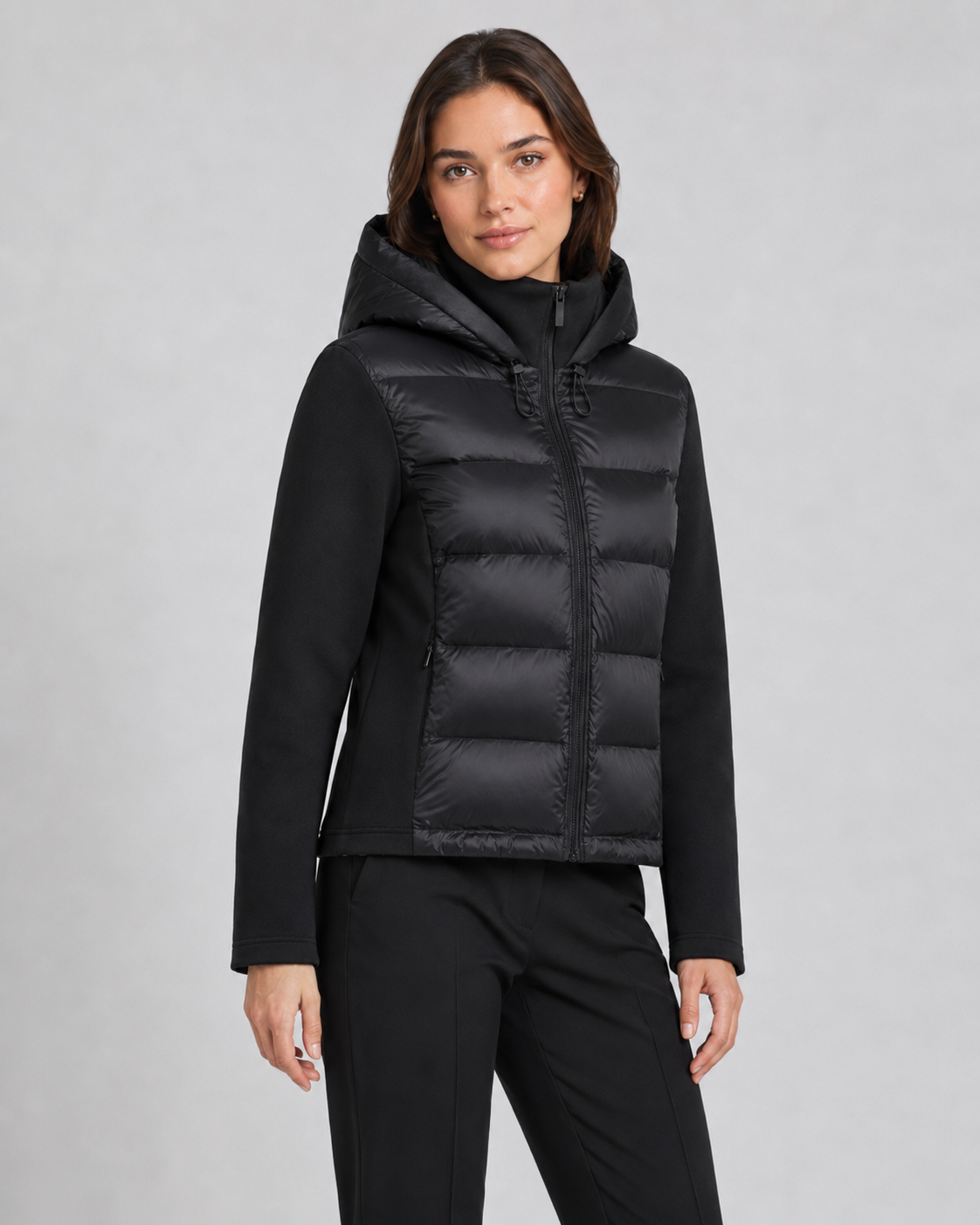 Women's Hooded Hybrid Puffer Jacket in Black – image 2