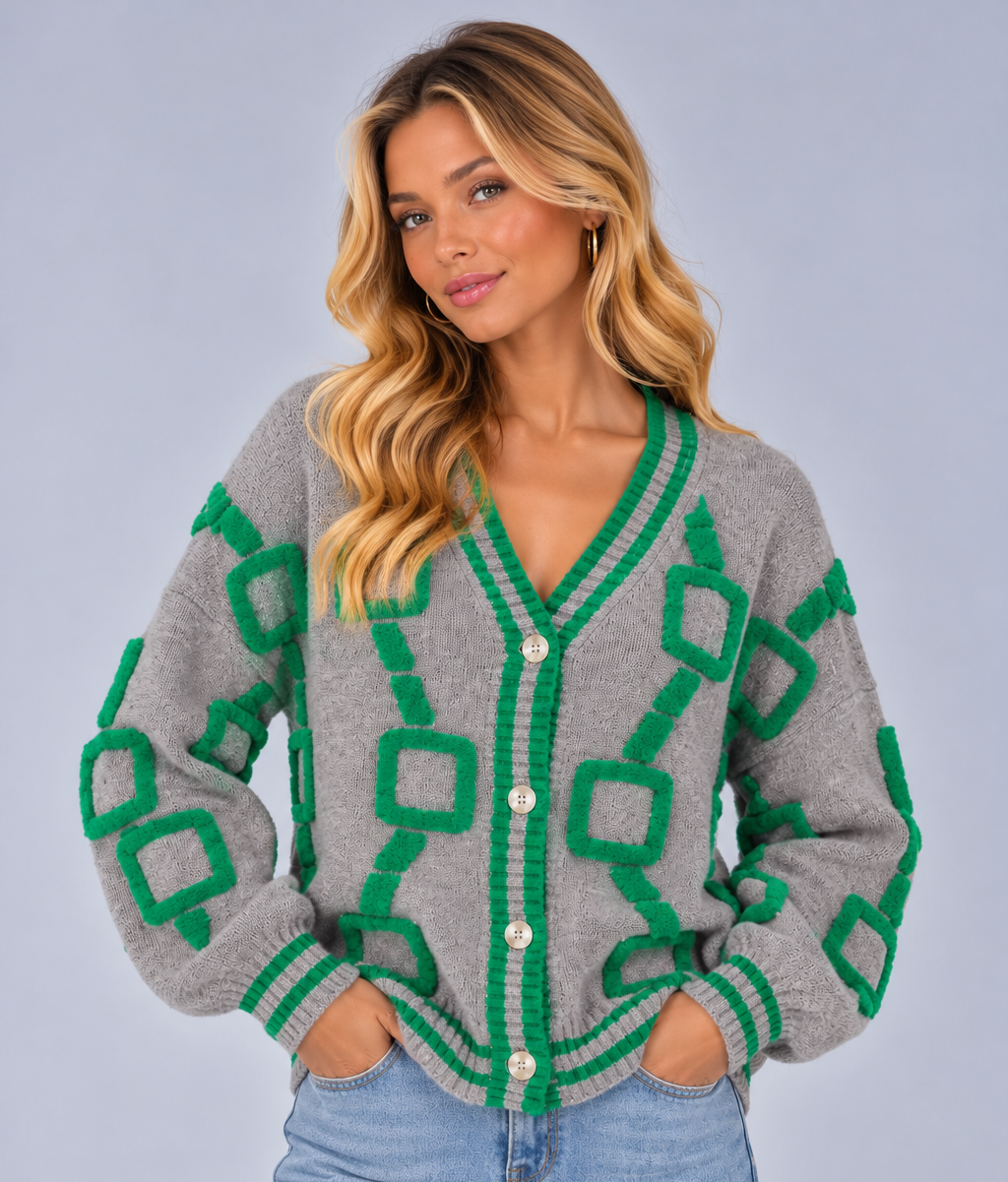 Women's Geometric Knit Cardigan – V Neck Button Front