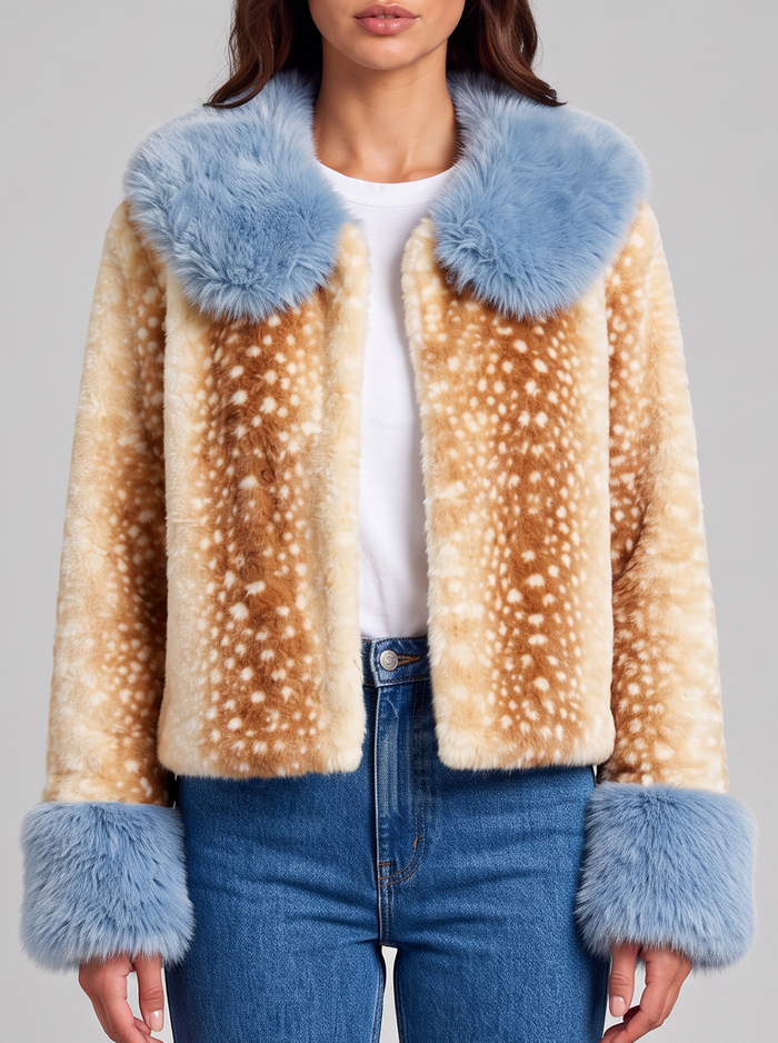 Women's Cropped Faux Fur Jacket – Fawn Print & Blue Trim