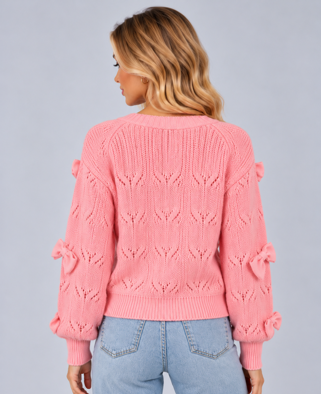 Women's Bow Detail Cropped Cardigan – Textured V Neck