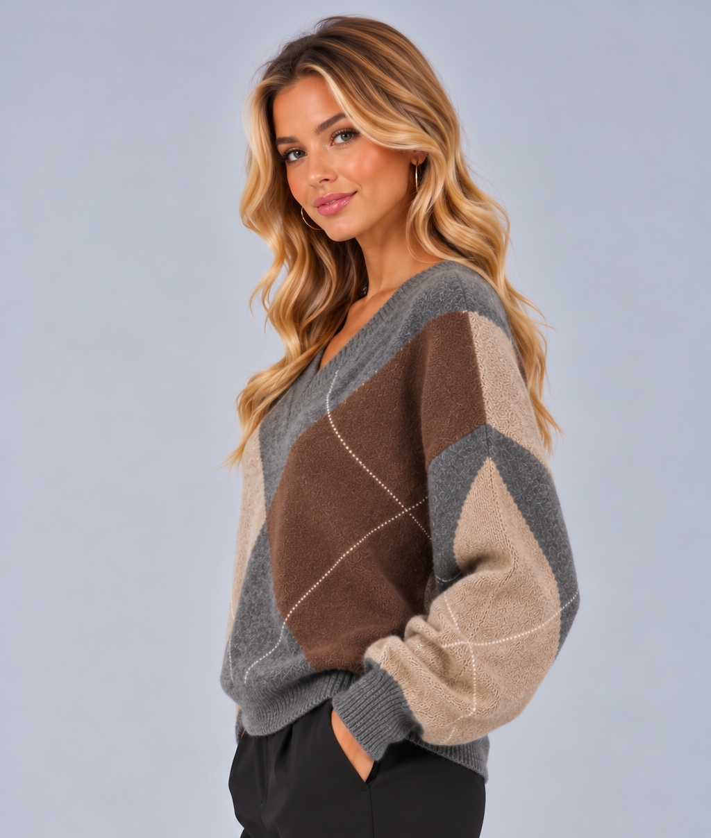 Women's Argyle V Neck Jumper – Relaxed Diamond Knit