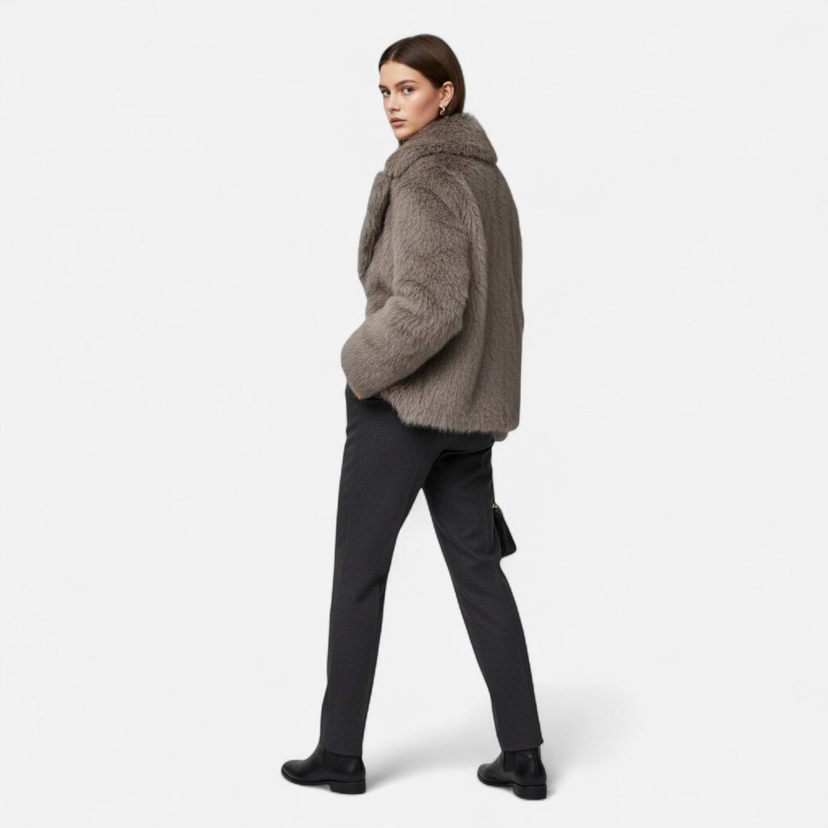 Women's Brown Faux Fur Coat in Coffee – image 5