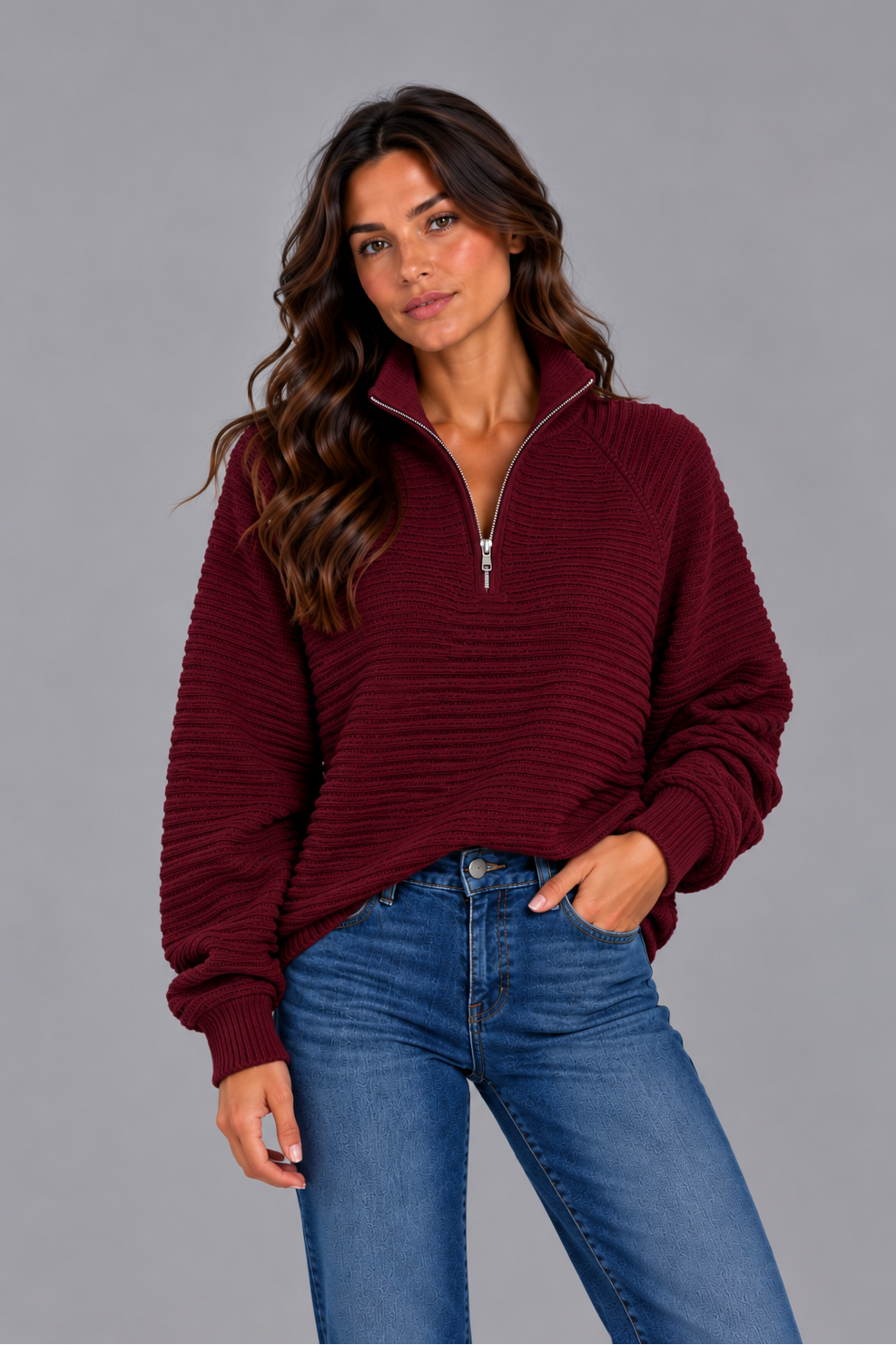 Women's Ribbed Half Zip Jumper – Relaxed Long Sleeve