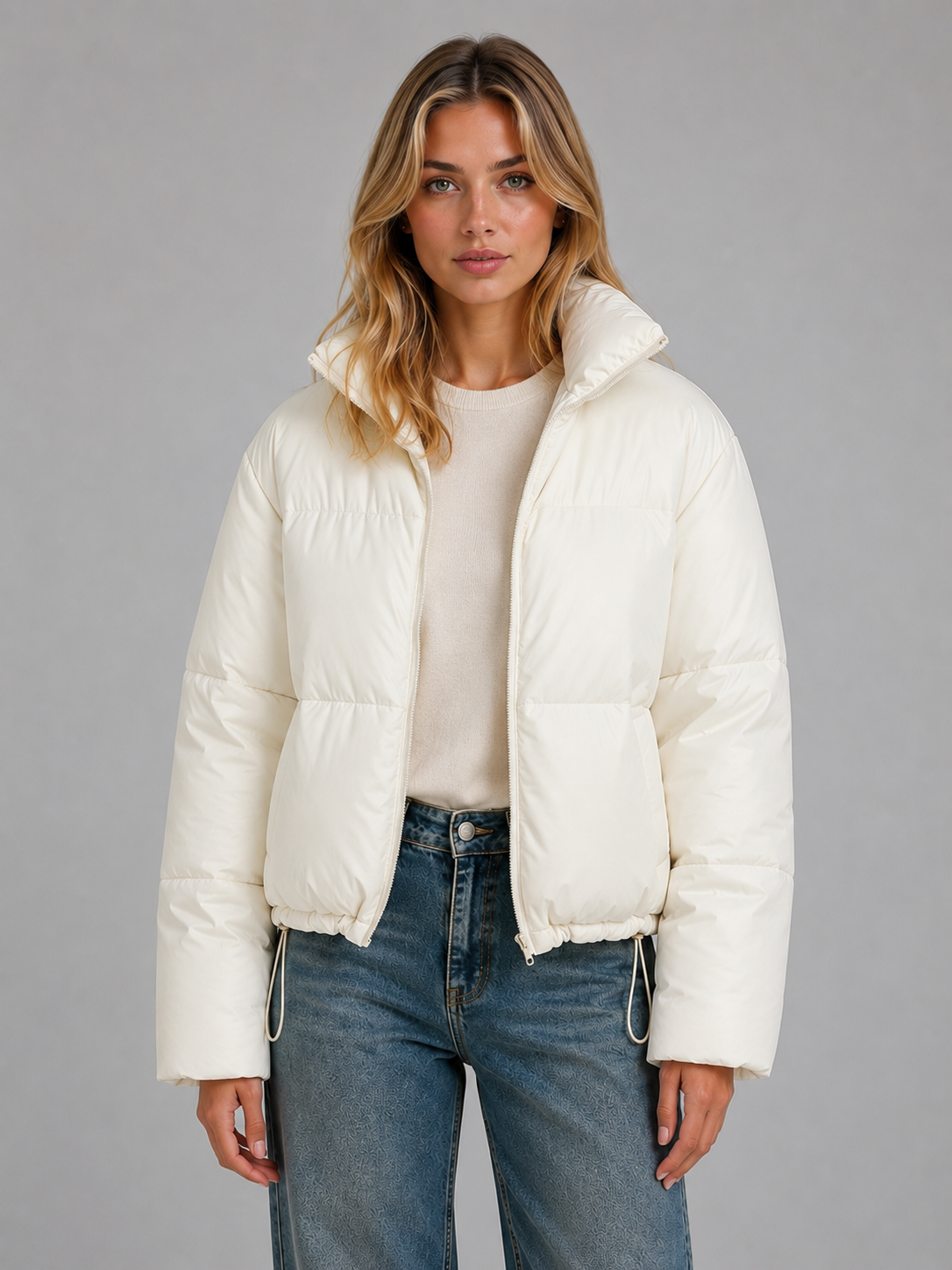 Women's Cropped Quilted Puffer Jacket in White