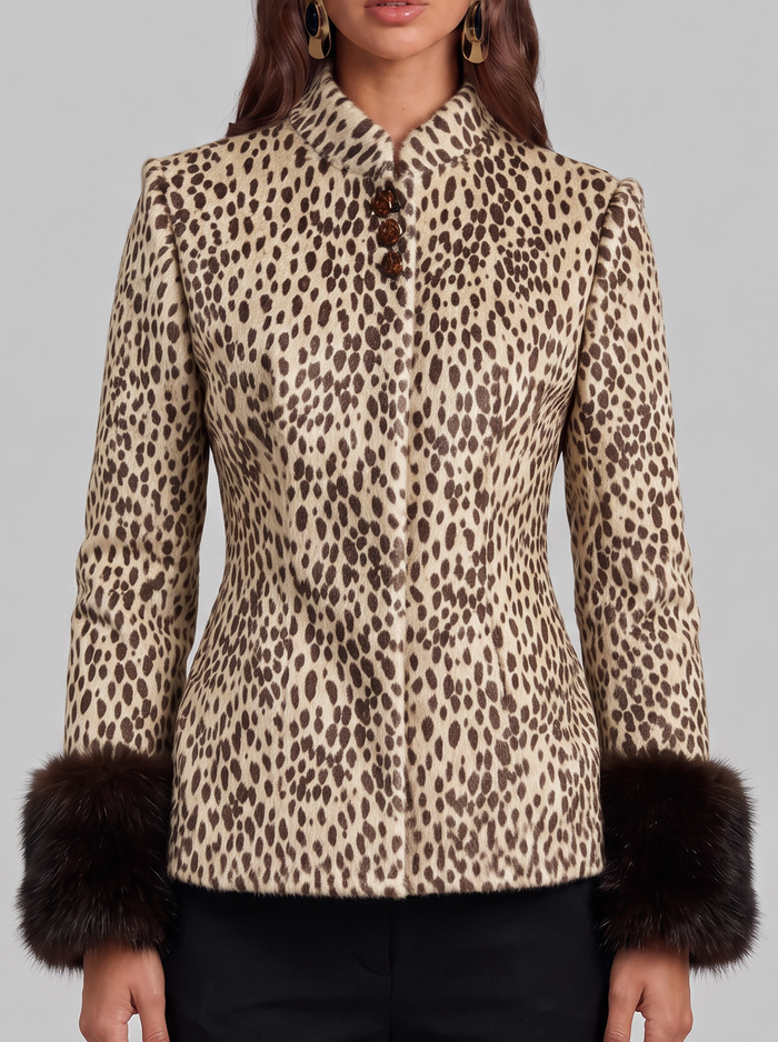Women's Leopard Print Jacket – Faux Fur Cuffs
