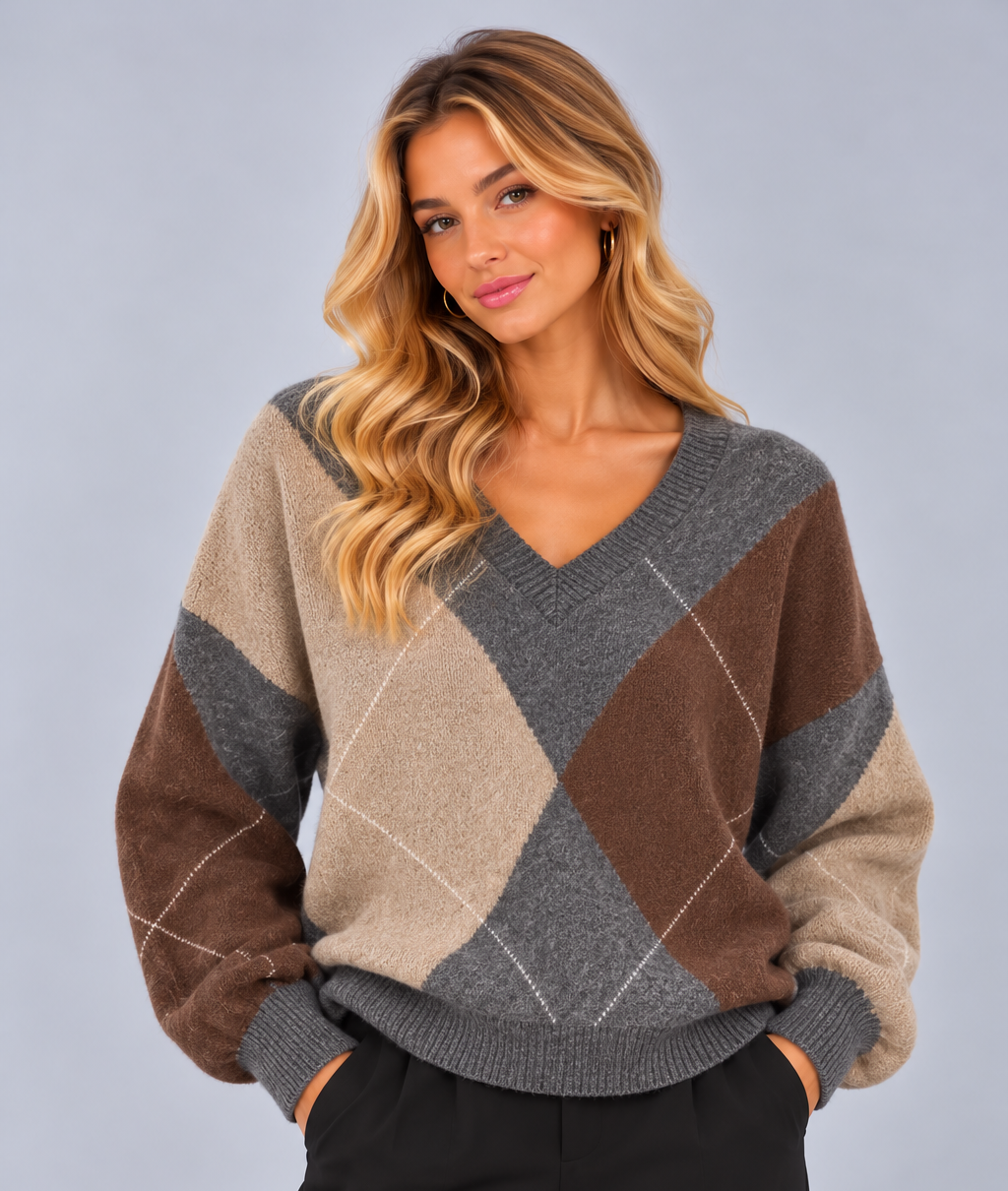 Women's Argyle V Neck Jumper – Relaxed Diamond Knit