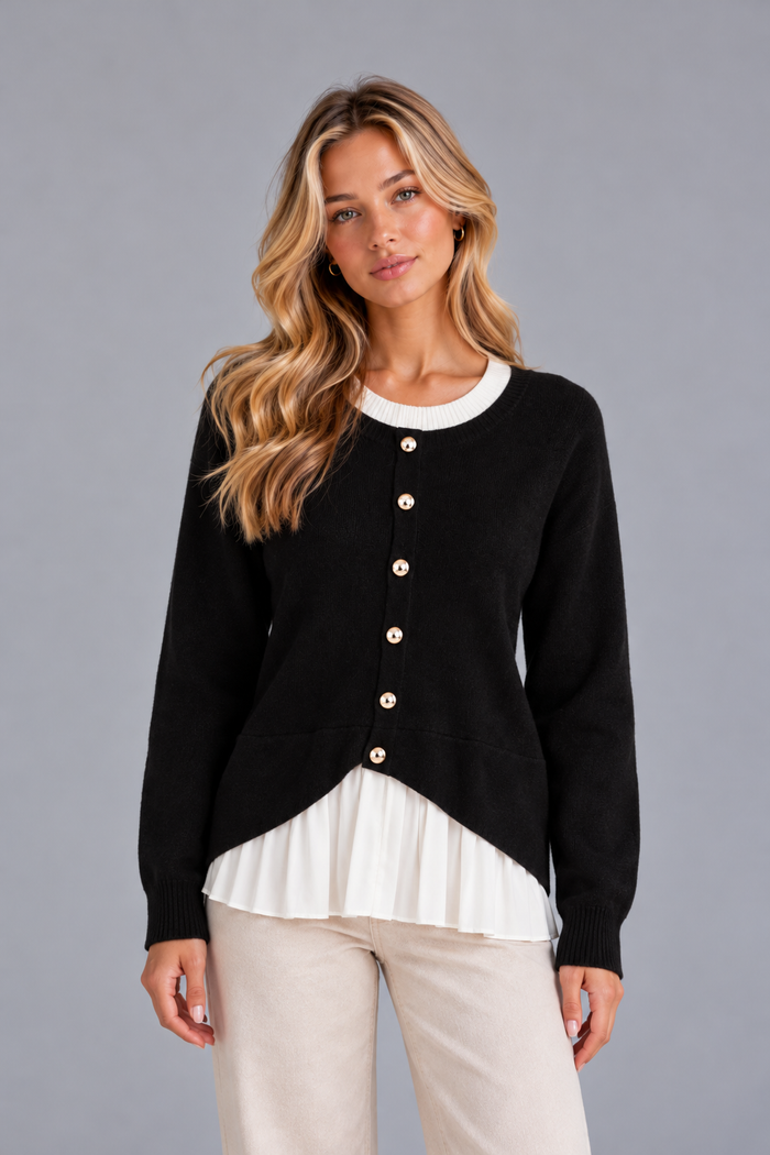 Women's Layered Knit Cardigan – Pleated Shirt Hem