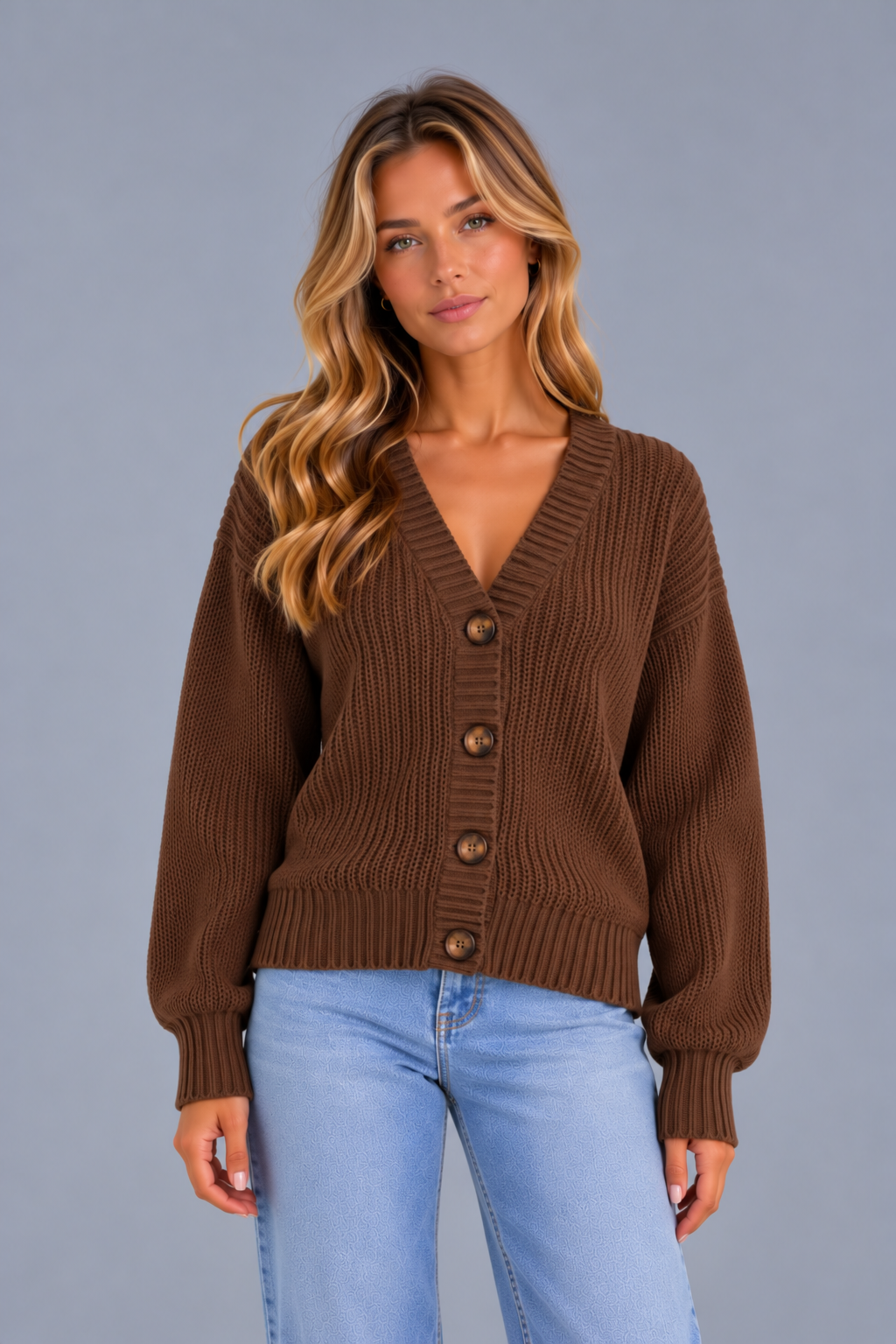 Women's Chunky Ribbed Cardigan – V Neck Button Front