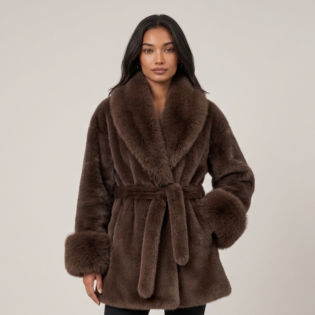 Women's Faux Fur Coat – Belted Wrap Coat with Shawl Collar