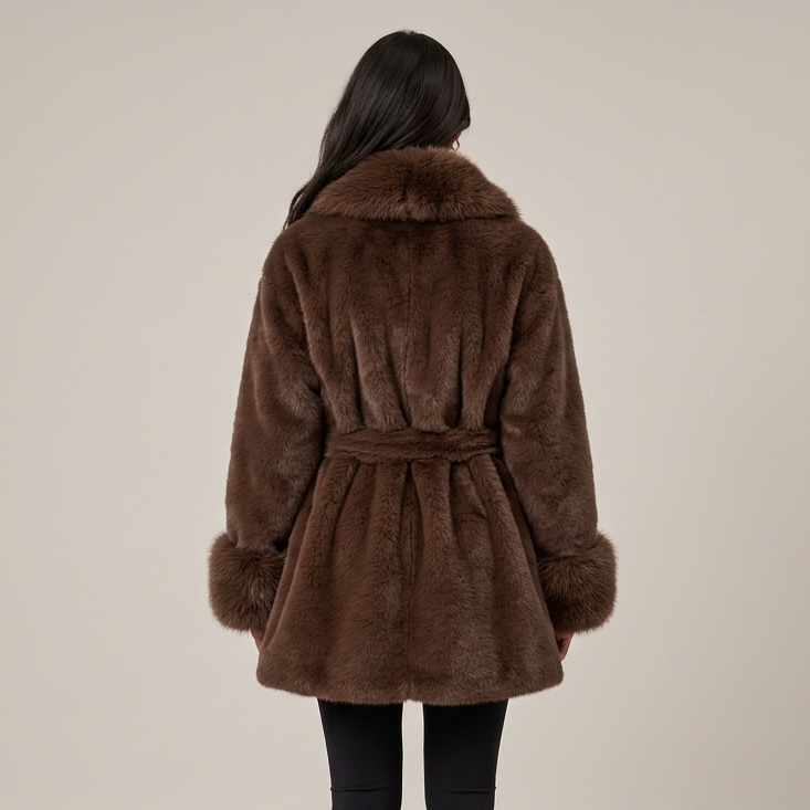 Women's Faux Fur Coat – Belted Wrap Coat with Shawl Collar
