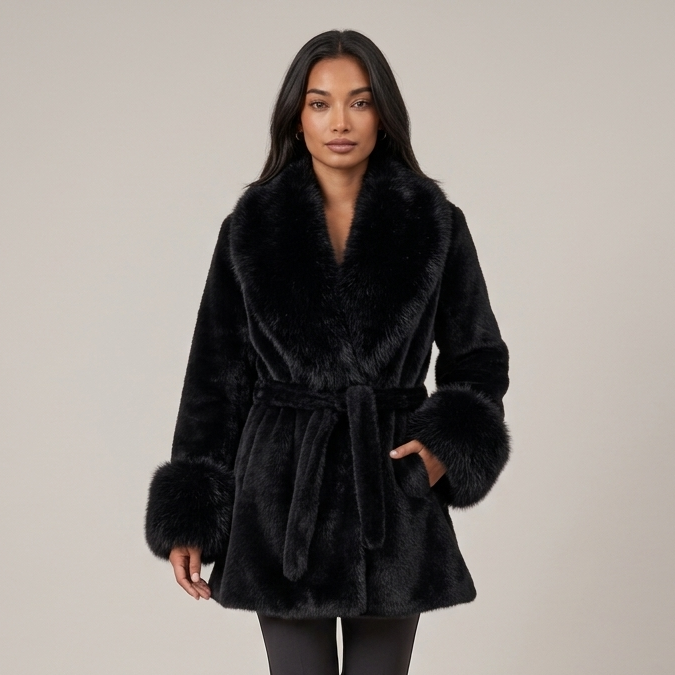 Women's Faux Fur Coat – Belted Wrap Coat with Shawl Collar