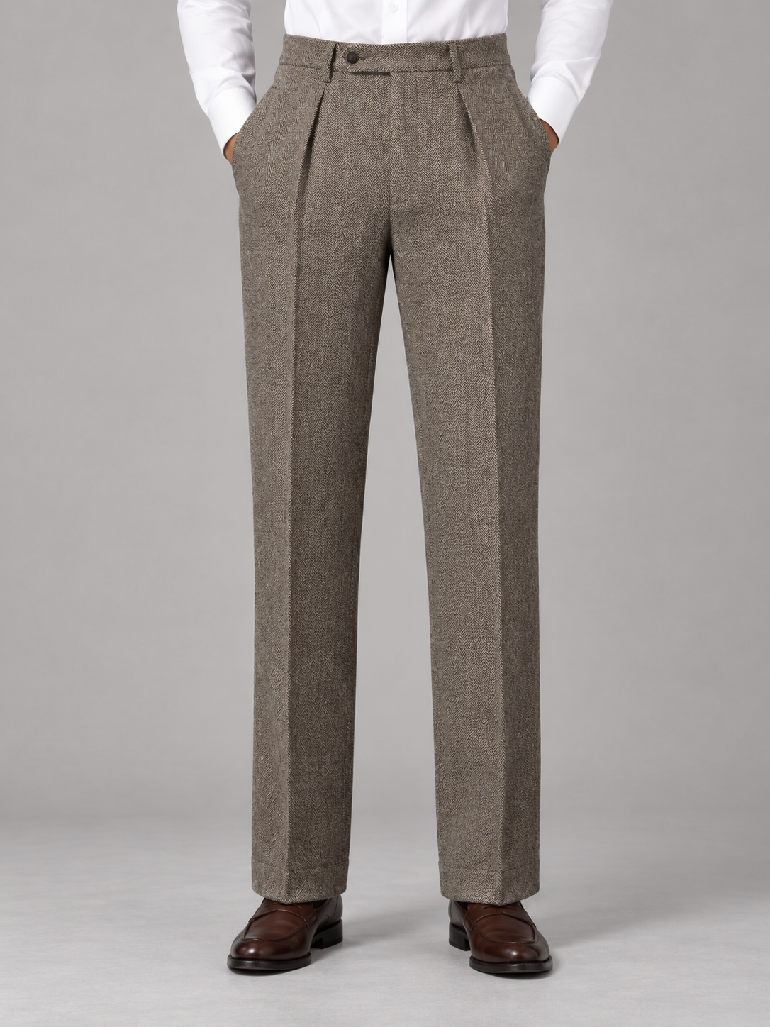 Men's Pleated Herringbone Trousers – Smart High Rise Straight Leg