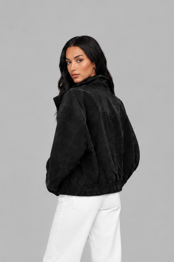 Women's Oversized Suede Look Bomber – Washed Zip Jacket