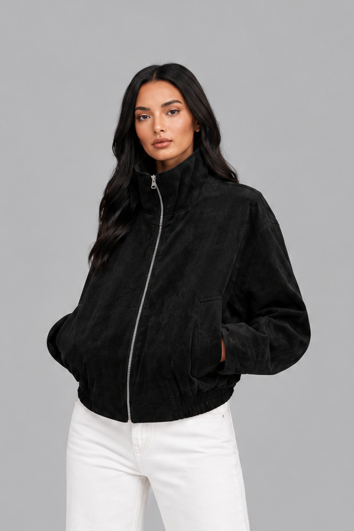 Women's Oversized Suede Look Bomber – Washed Zip Jacket