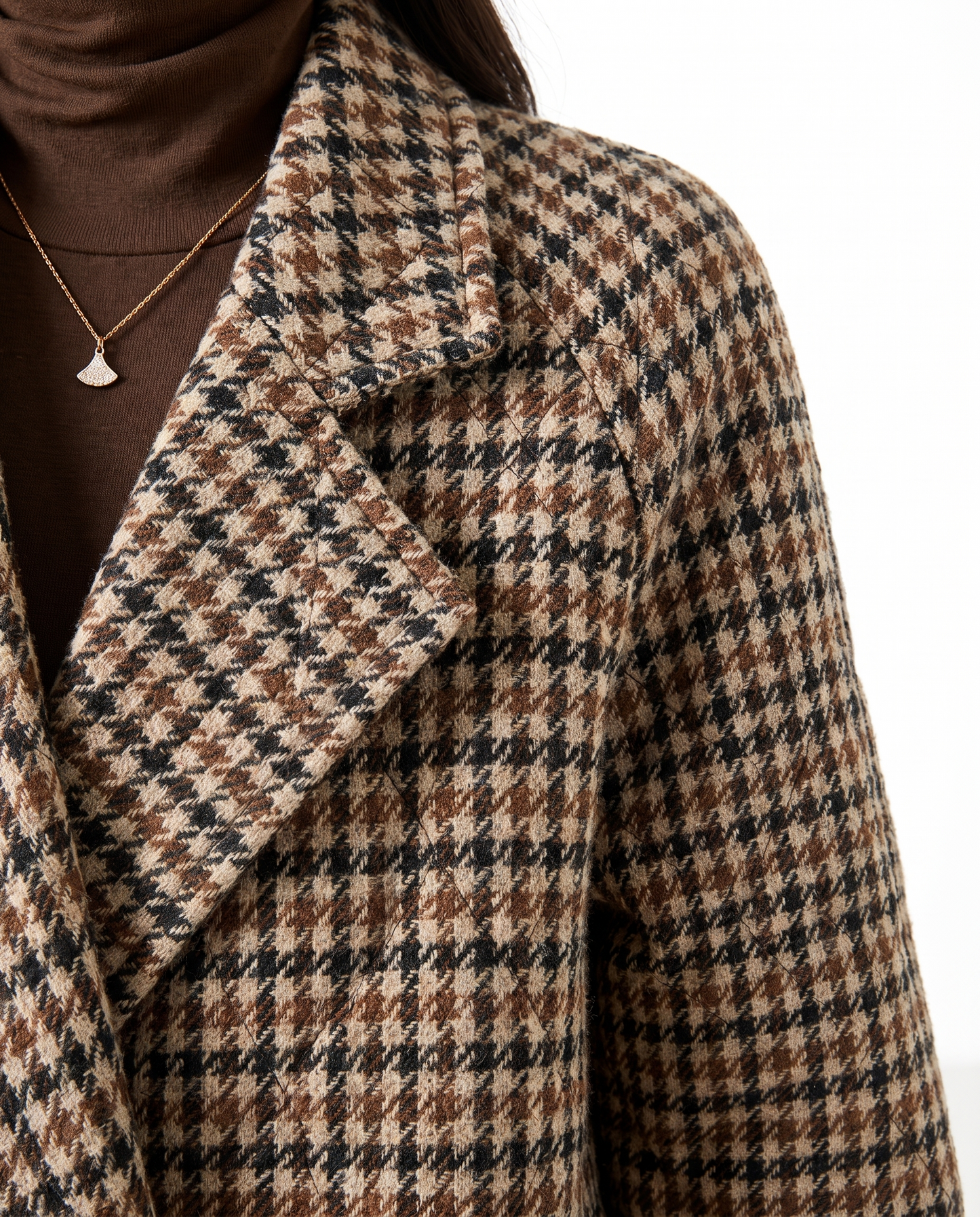 Covert Club khaki houndstooth quilted overcoat, collar detail close-up