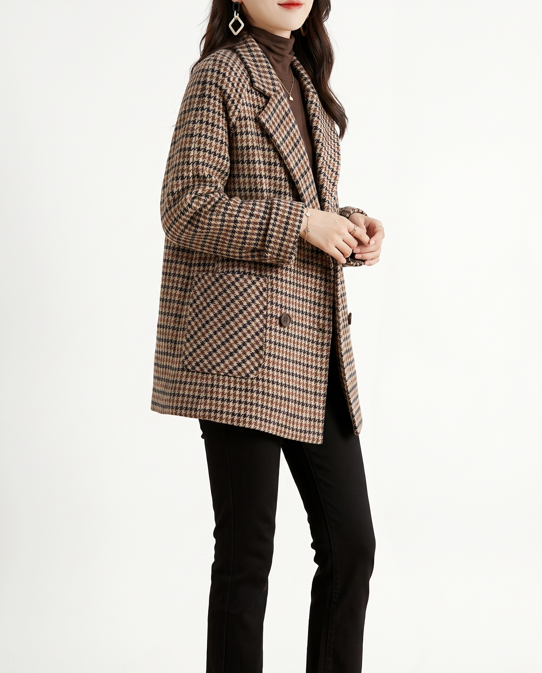 Covert Club khaki houndstooth quilted overcoat, three-quarter angle