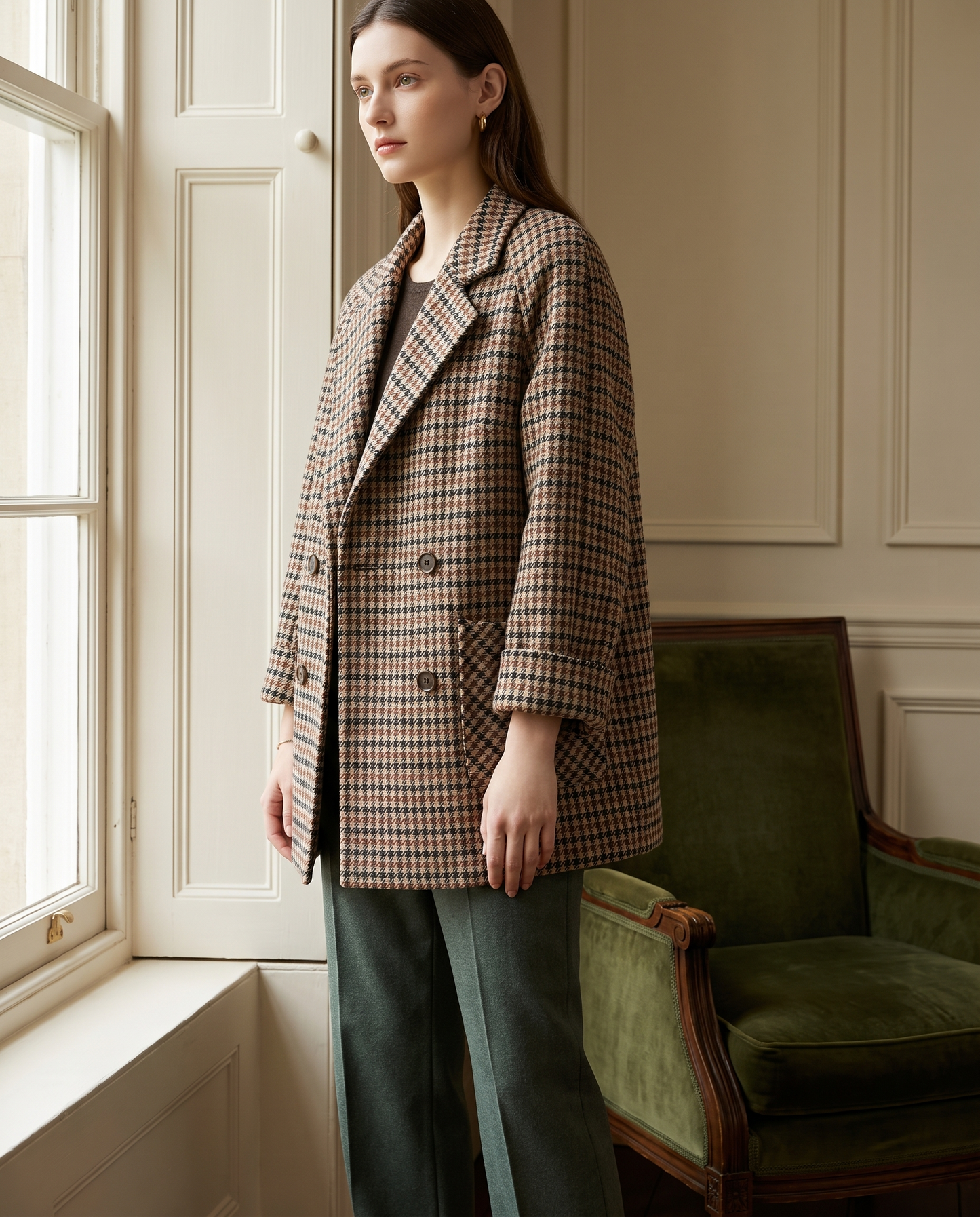 Covert Club khaki houndstooth quilted overcoat, lifestyle shot