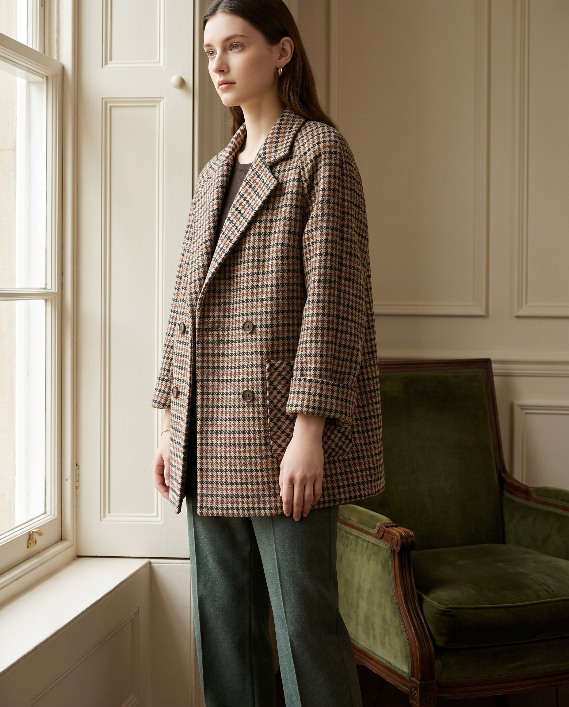 Covert Club khaki houndstooth quilted overcoat, lifestyle shot