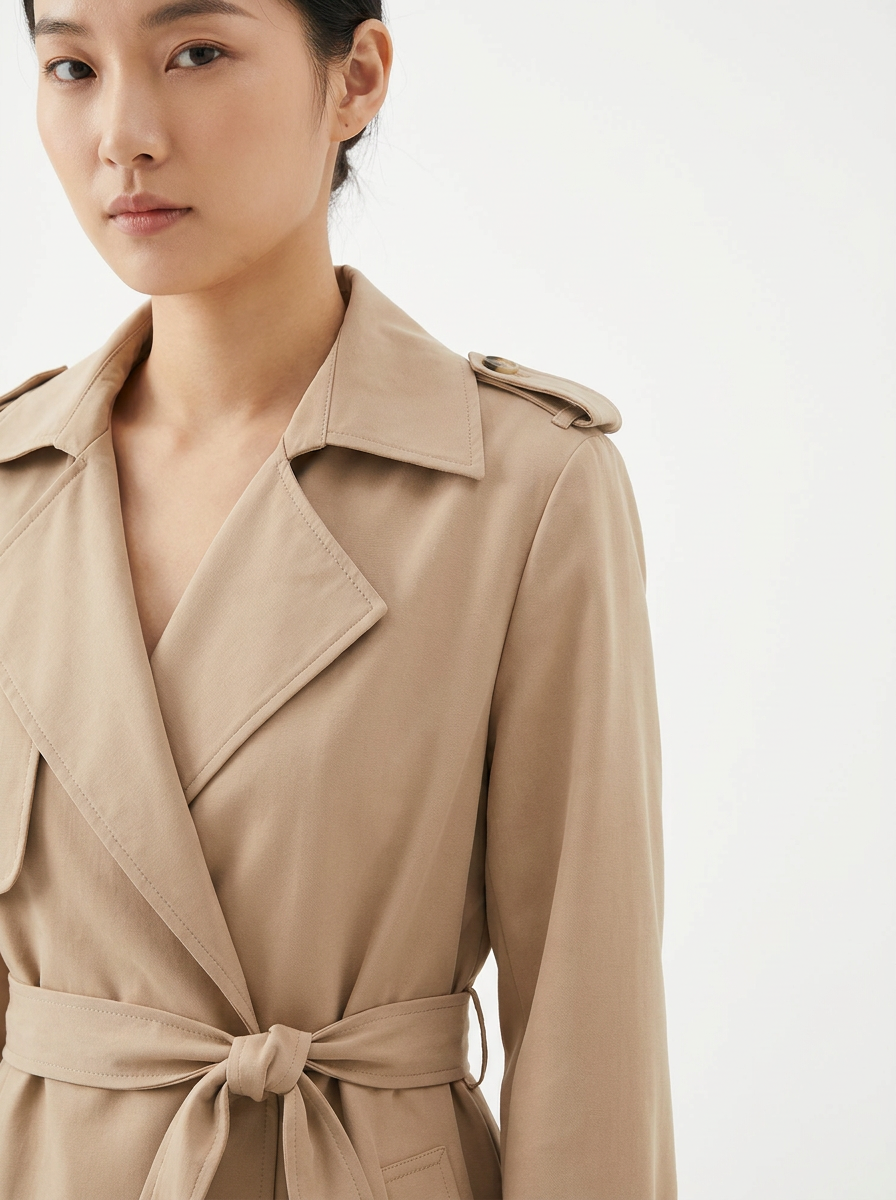 Covert Club thin trench coat, lapel and belt detail