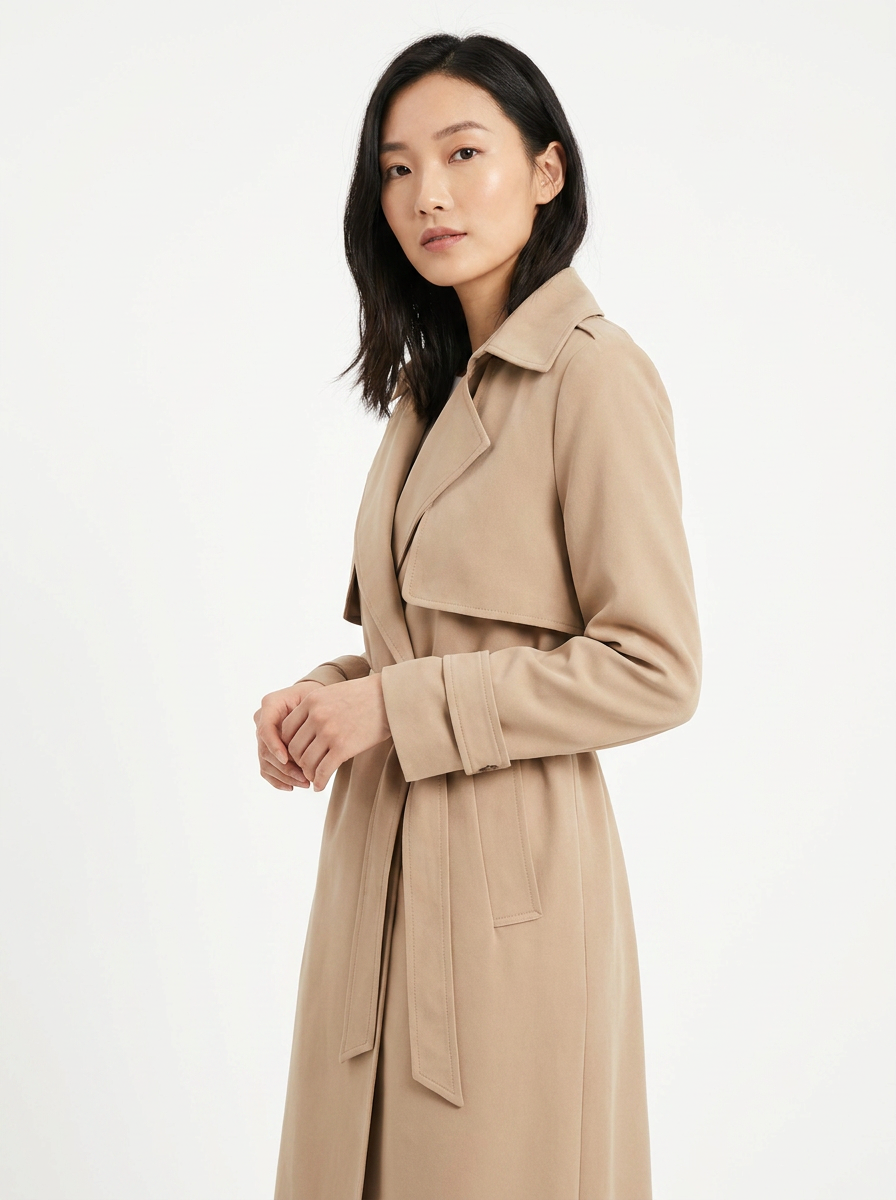 Covert Club thin trench coat, three-quarter angle