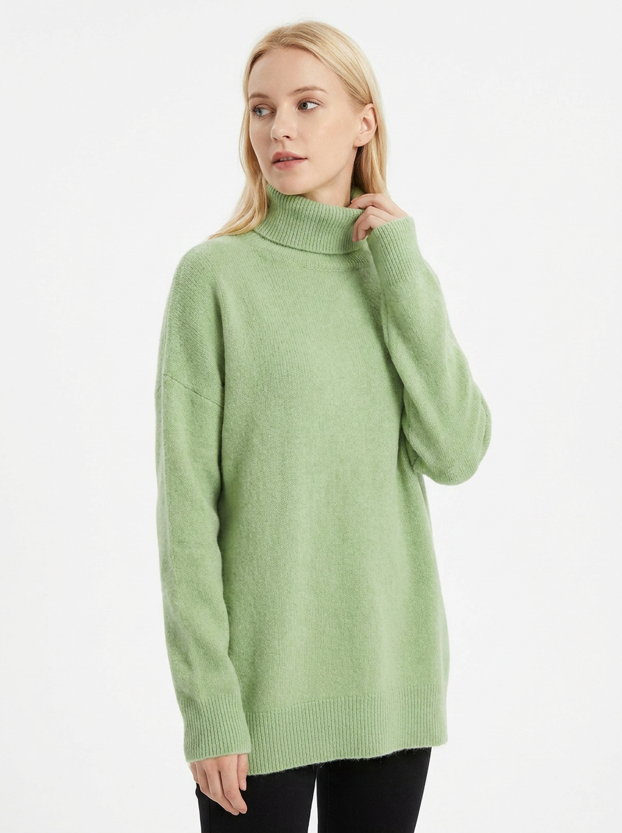 Covert Club lazy autumn turtleneck sweater, three-quarter angle