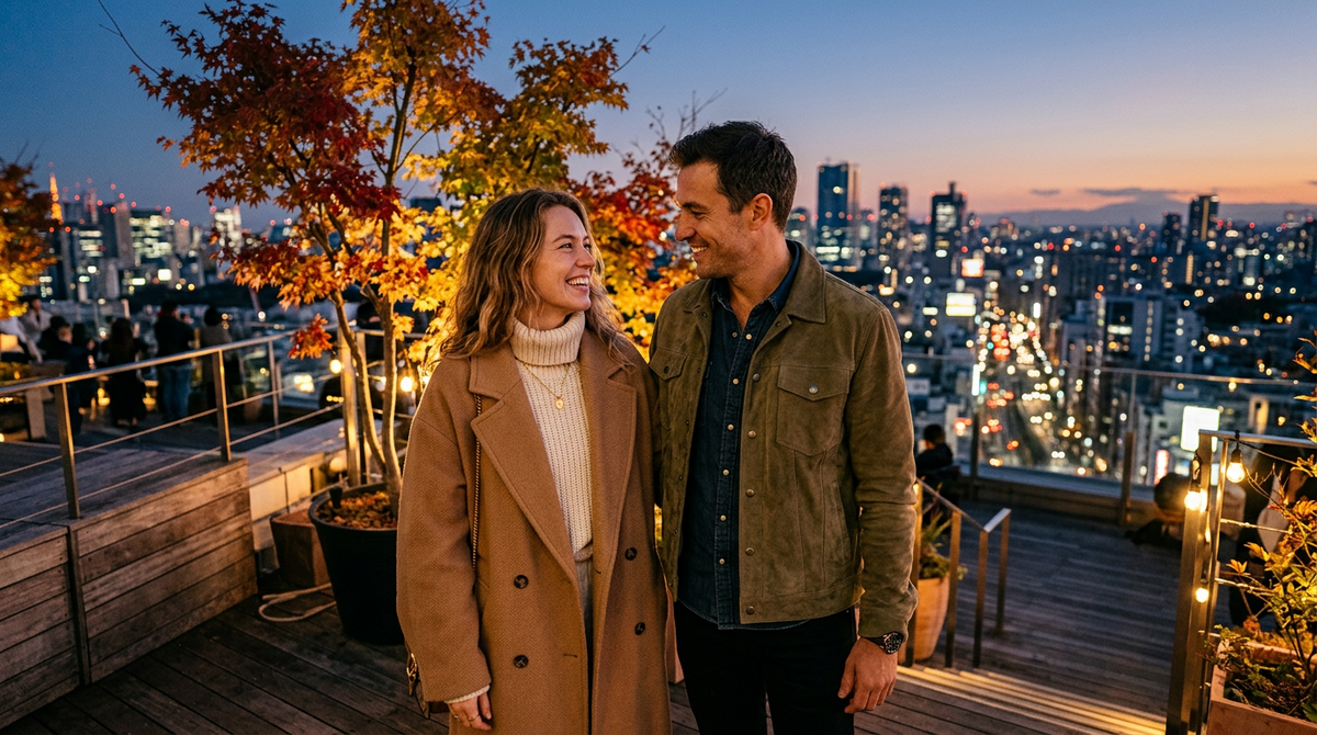 Fall Collection hero banner - couple on rooftop terrace in Japan at dusk