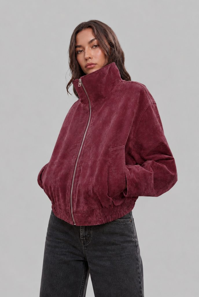 Women's Oversized Suede Look Bomber – Washed Zip Jacket