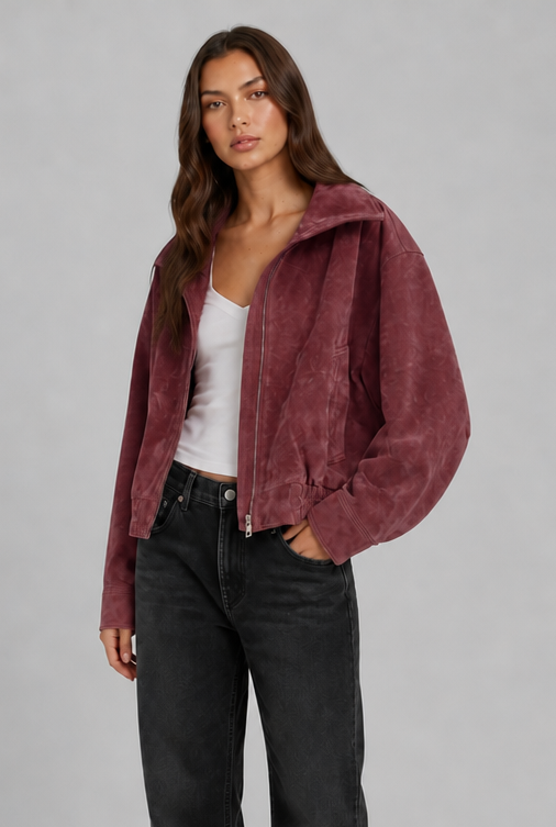 Women's Oversized Suede Look Bomber – Washed Zip Jacket