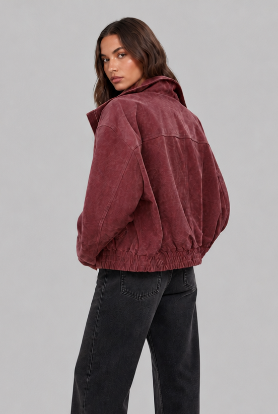 Women's Oversized Suede Look Bomber – Washed Zip Jacket