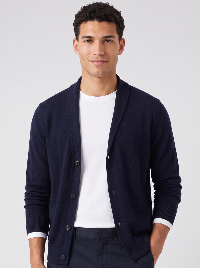 Men's Lapel Collar Knit Cardigan in Navy – three-quarter view