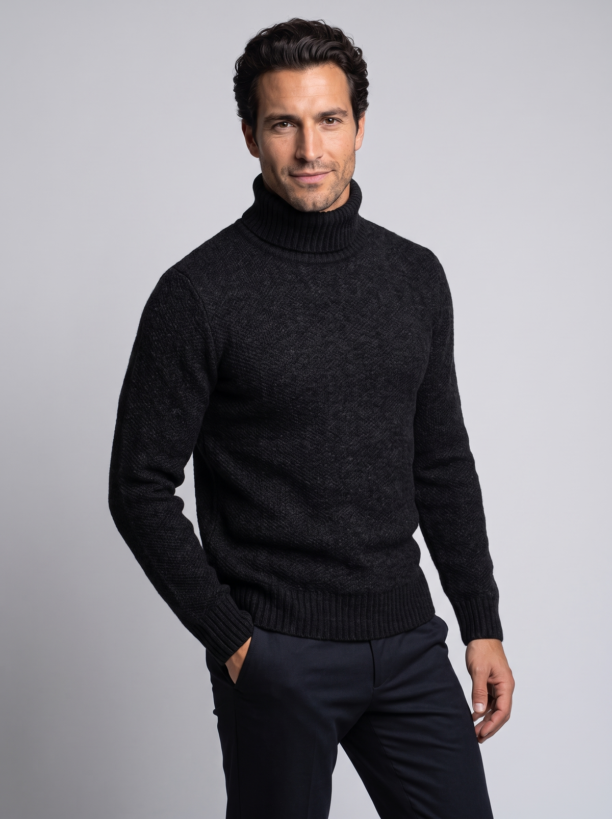 Men's Thick Knit Roll Neck Jumper in Black – three-quarter view