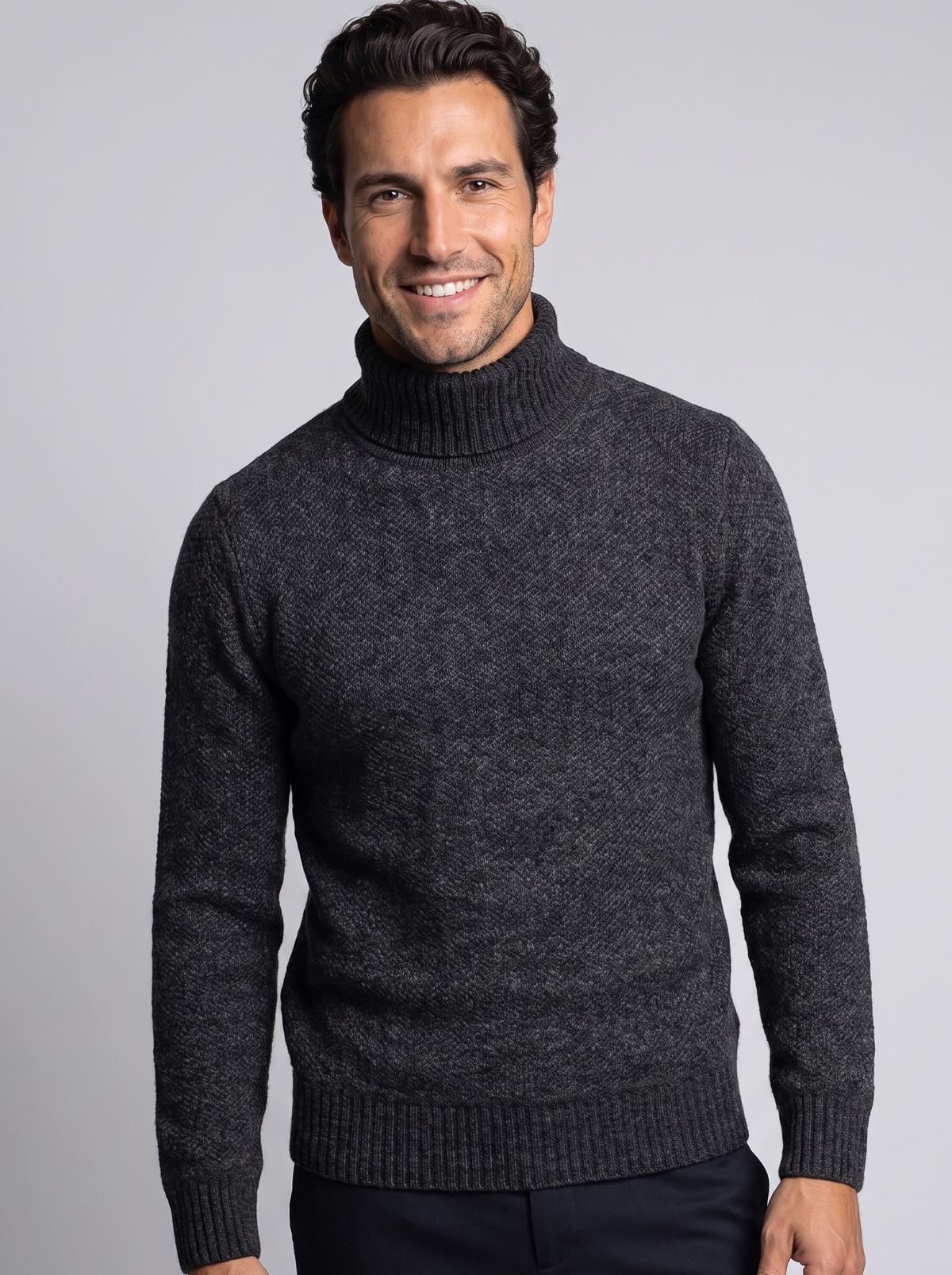 Men's Thick Knit Roll Neck Jumper in Black – front view