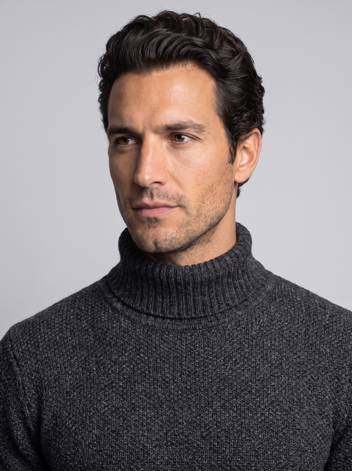 Men's Thick Knit Roll Neck Jumper in Black – close-up