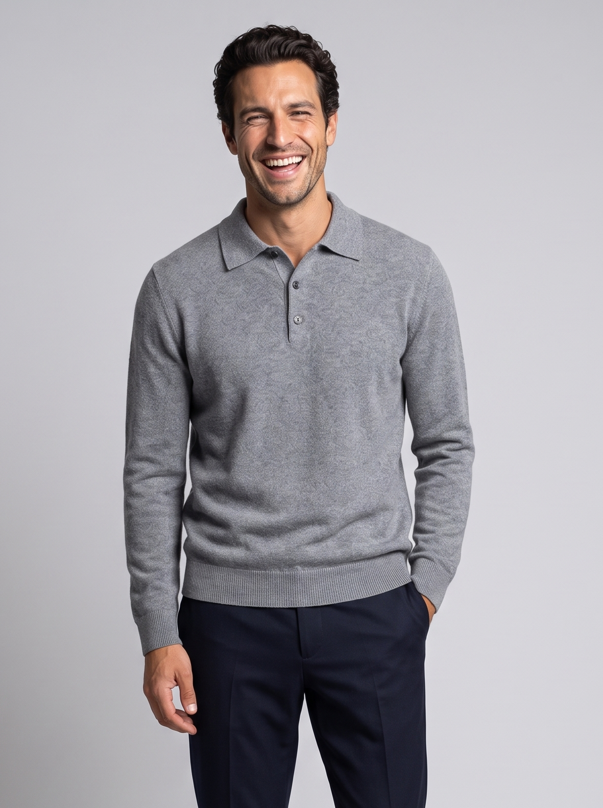 Men's Merino Wool Cashmere Knitted Polo in Grey – front view