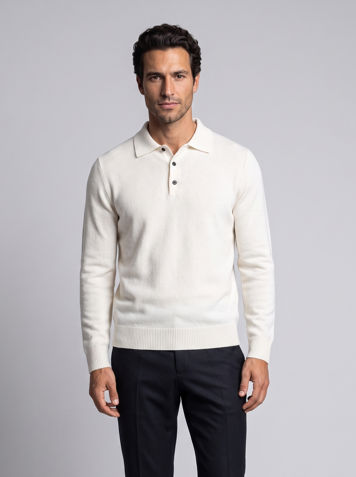 Men's Merino Wool Cashmere Knitted Polo in White – front view