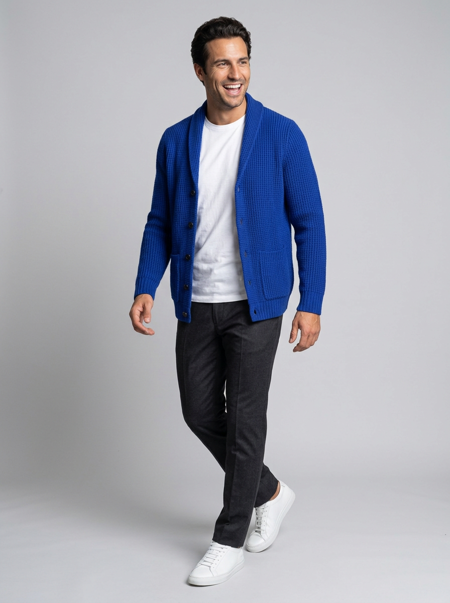 Men's Slim Fit Button-Up Cardigan in Blue – front view