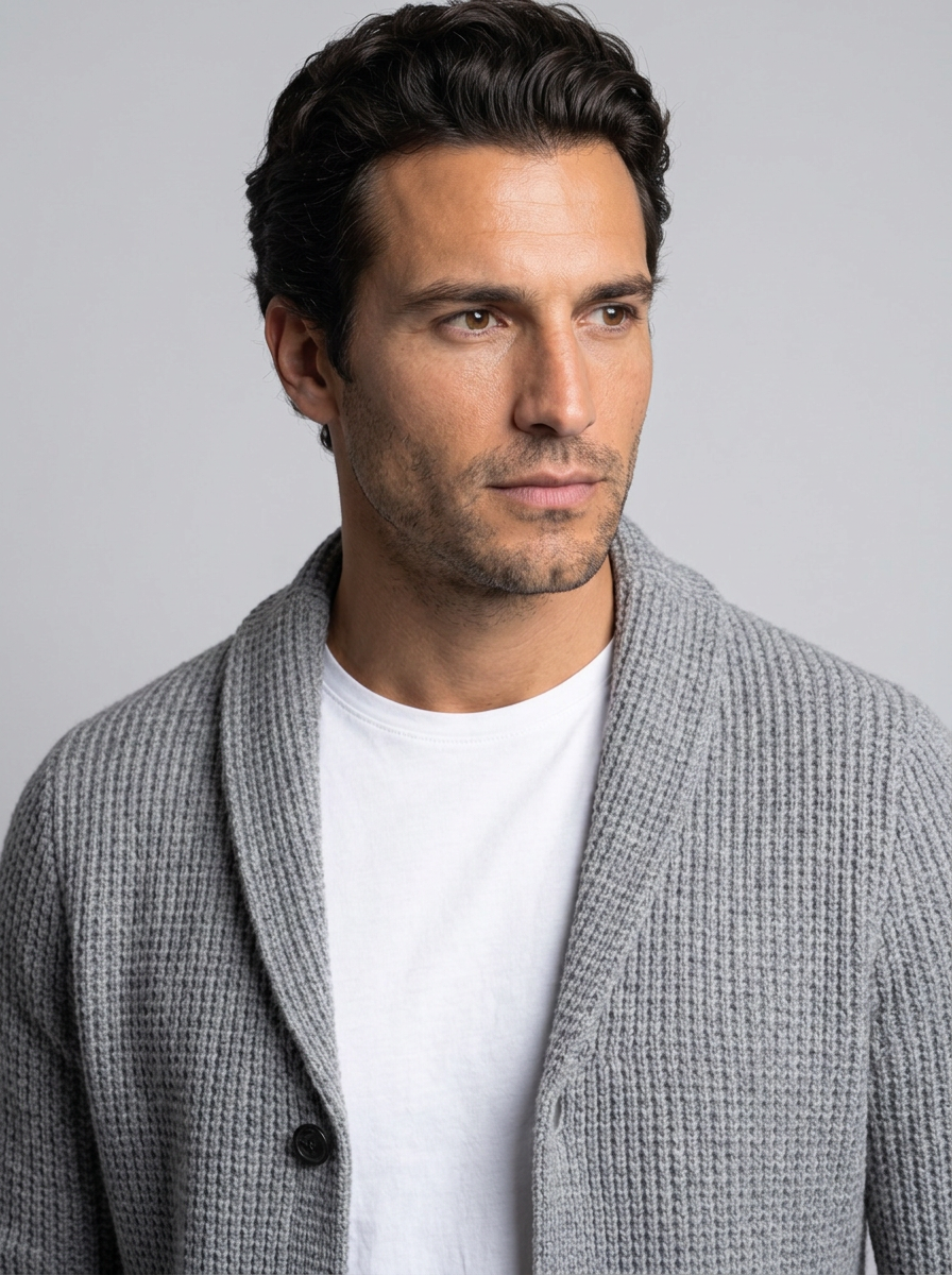 Men's Slim Fit Button-Up Cardigan in Grey – close-up