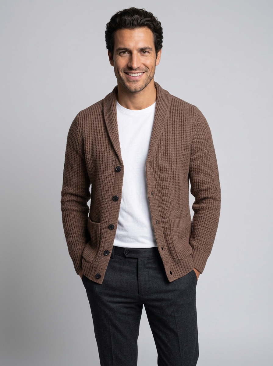 Men's Slim Fit Button-Up Cardigan in Brown – front view