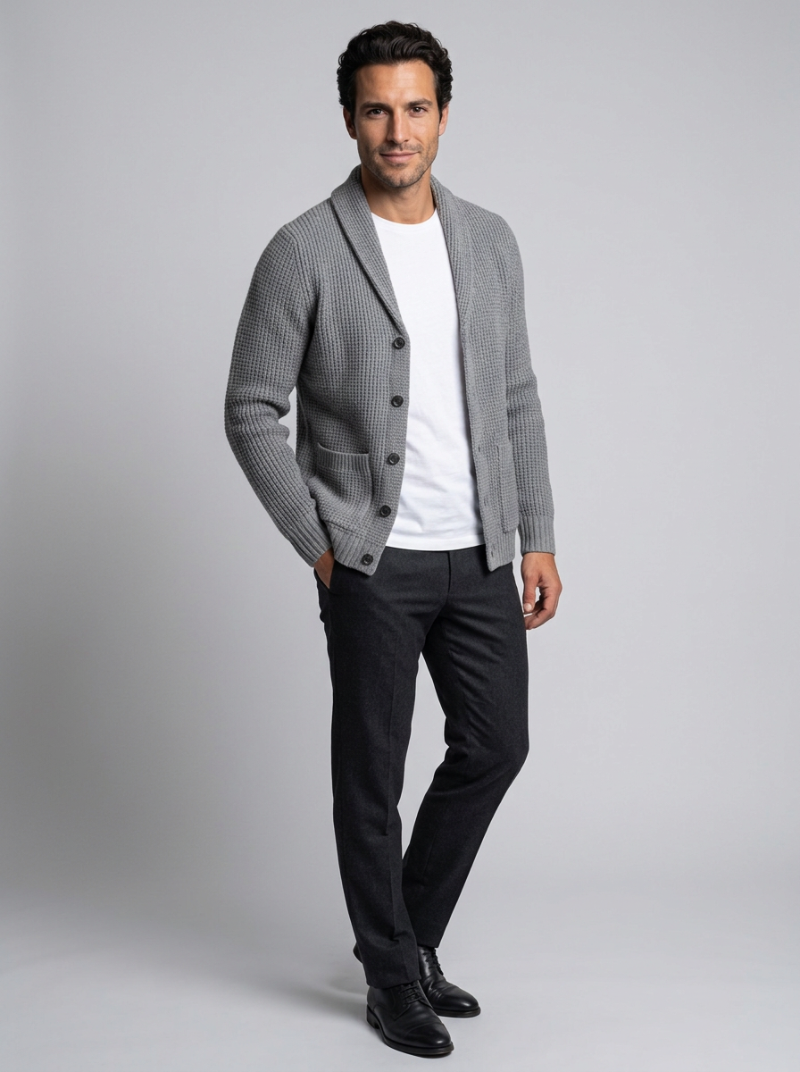 Men's Slim Fit Button-Up Cardigan in Grey – three-quarter view