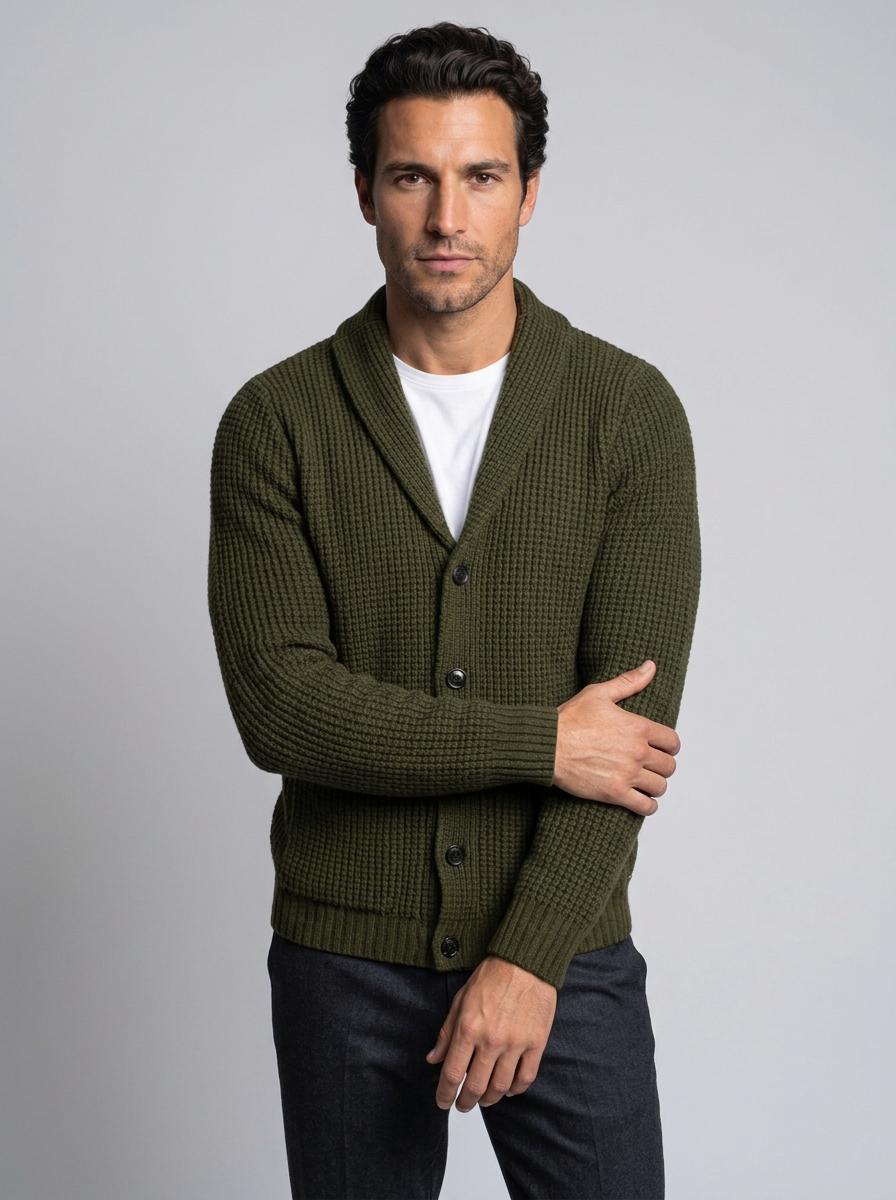 Men's Slim Fit Button-Up Cardigan in Olive Green – front view
