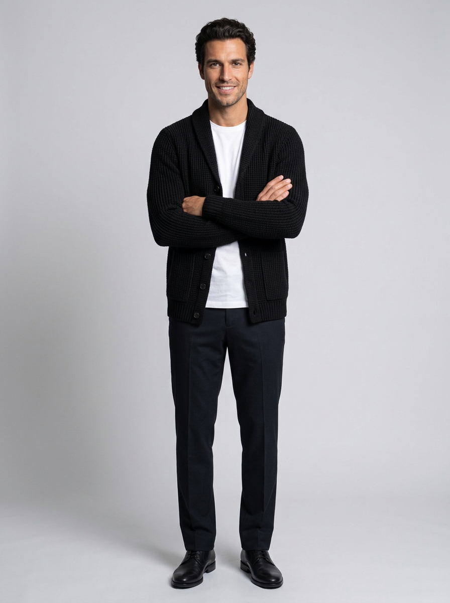 Men's Slim Fit Button-Up Cardigan in Black – front view